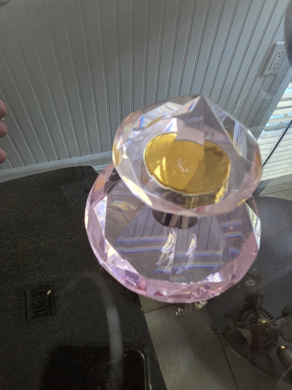 Source Unknown Pink Crystal Faceted Candle Holder with Gold Accent